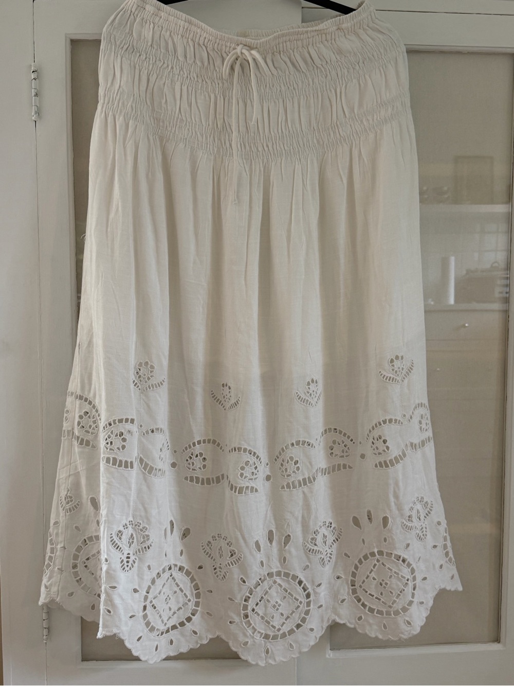 white eyelet lace midi / maxi skirt with cut-out designs and smock waist